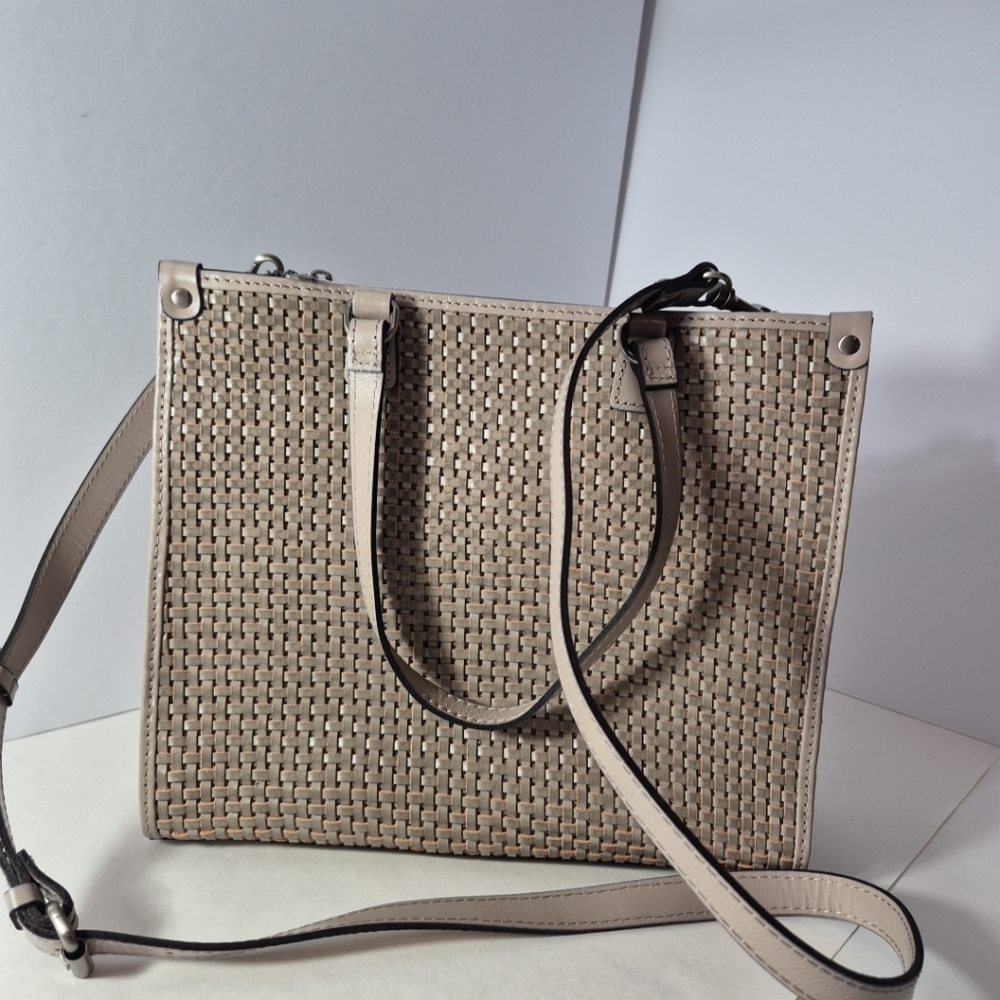 Patricia Nash Leather Ava Tote  Stone w/ Crossbody Strap Woven
